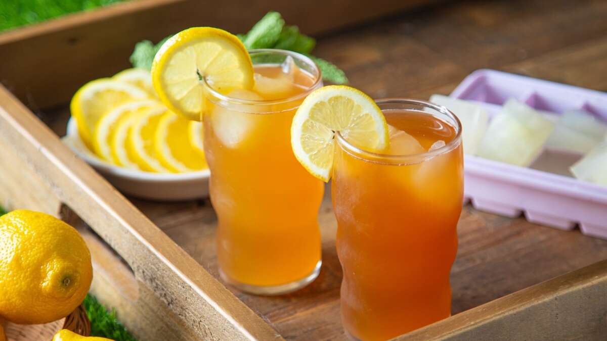sparkling iced tea lemonade on a tray