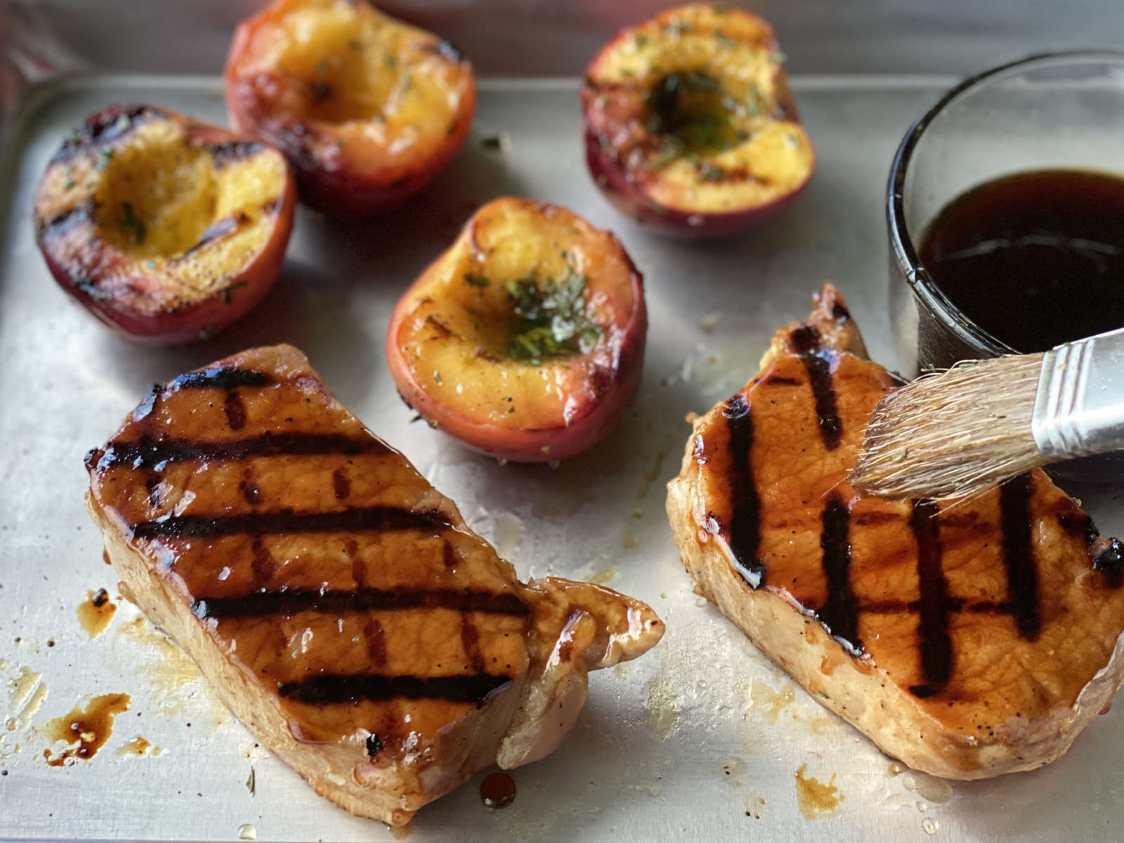Sweet Tea Brined Pork Chops with Grilled Peaches