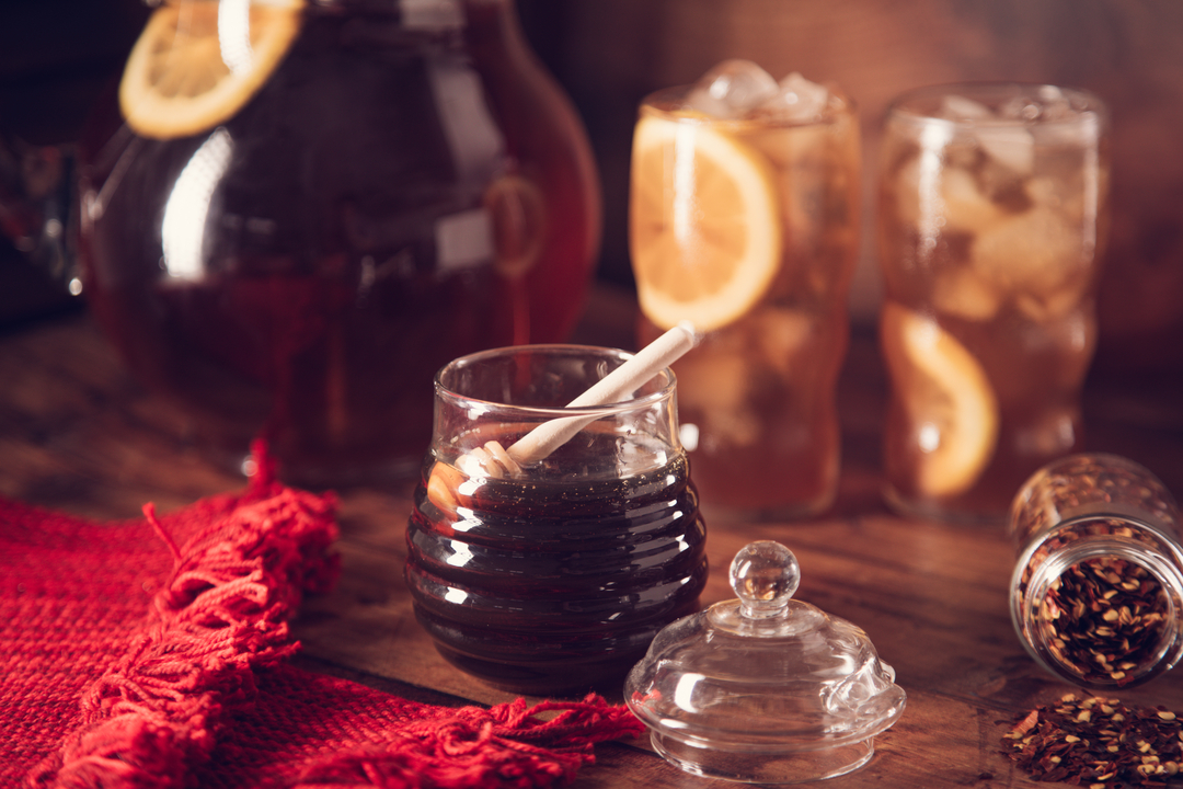 Spicy Honey Iced Tea Hot Honey Tea Pitcher of tea, honey and glasses of iced tea