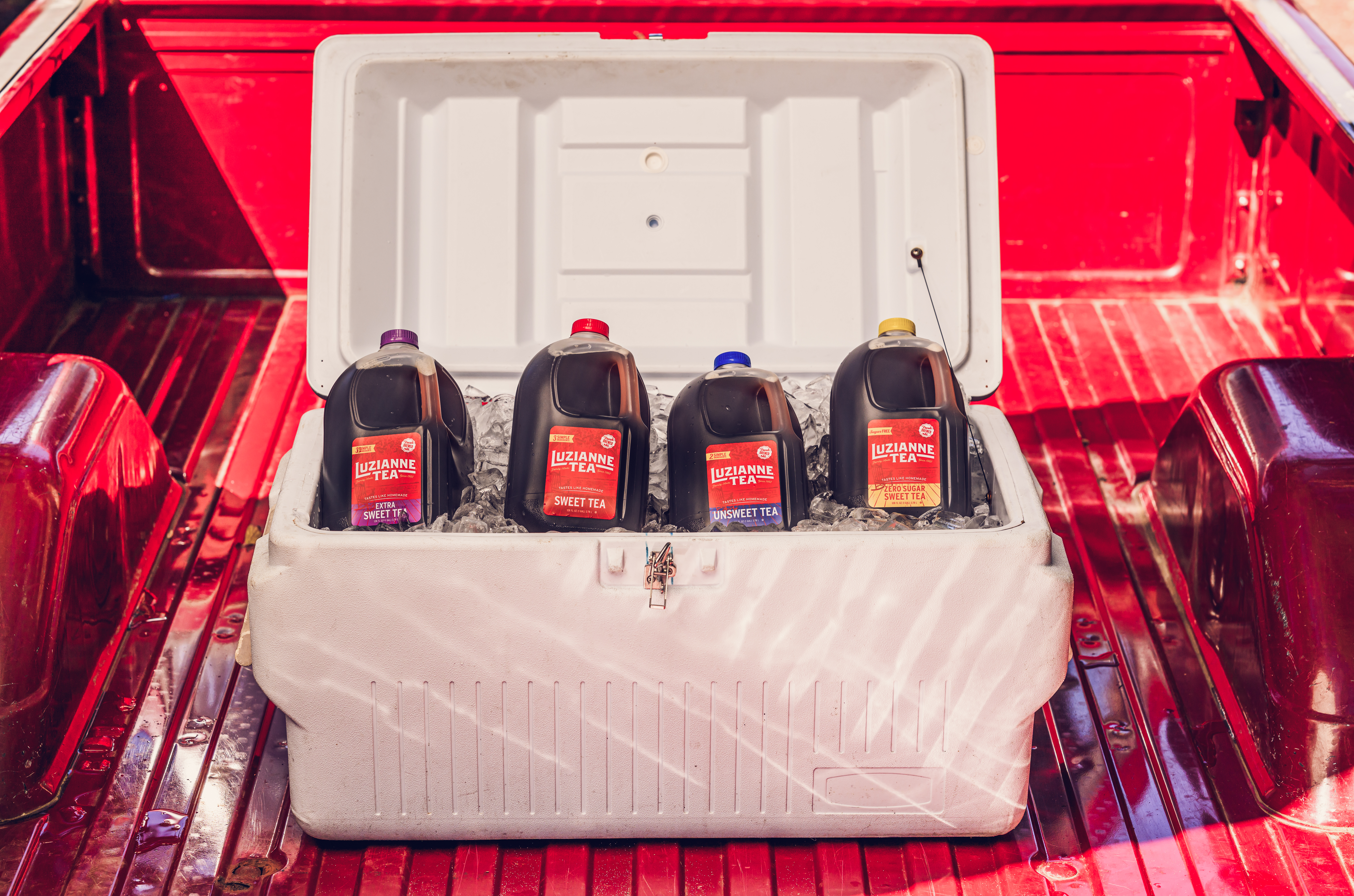 Luzianne Tea Gallons in ice chest 
