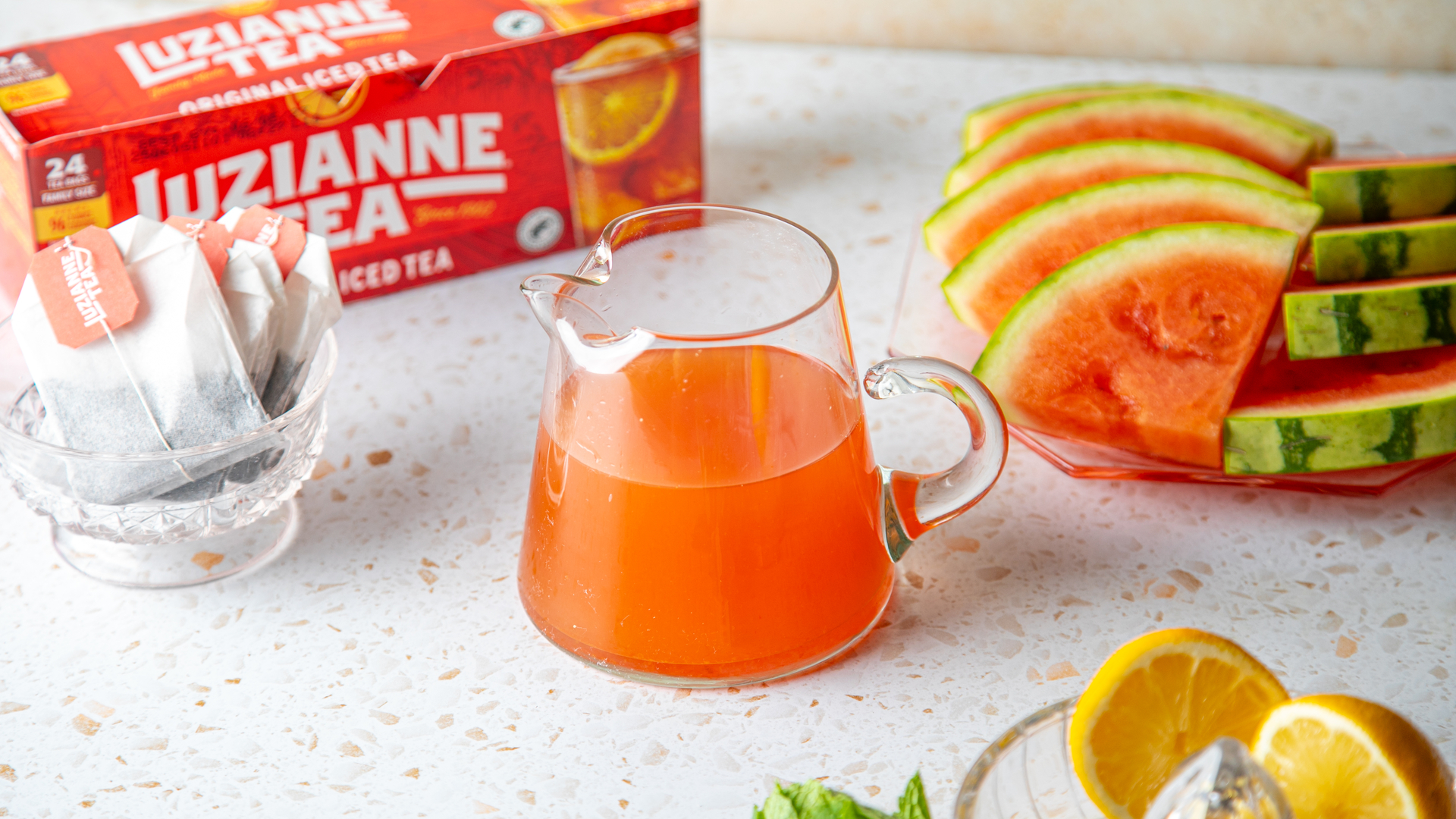 easy to make watermelon syrup for Luzianne Tea drinks and cocktails