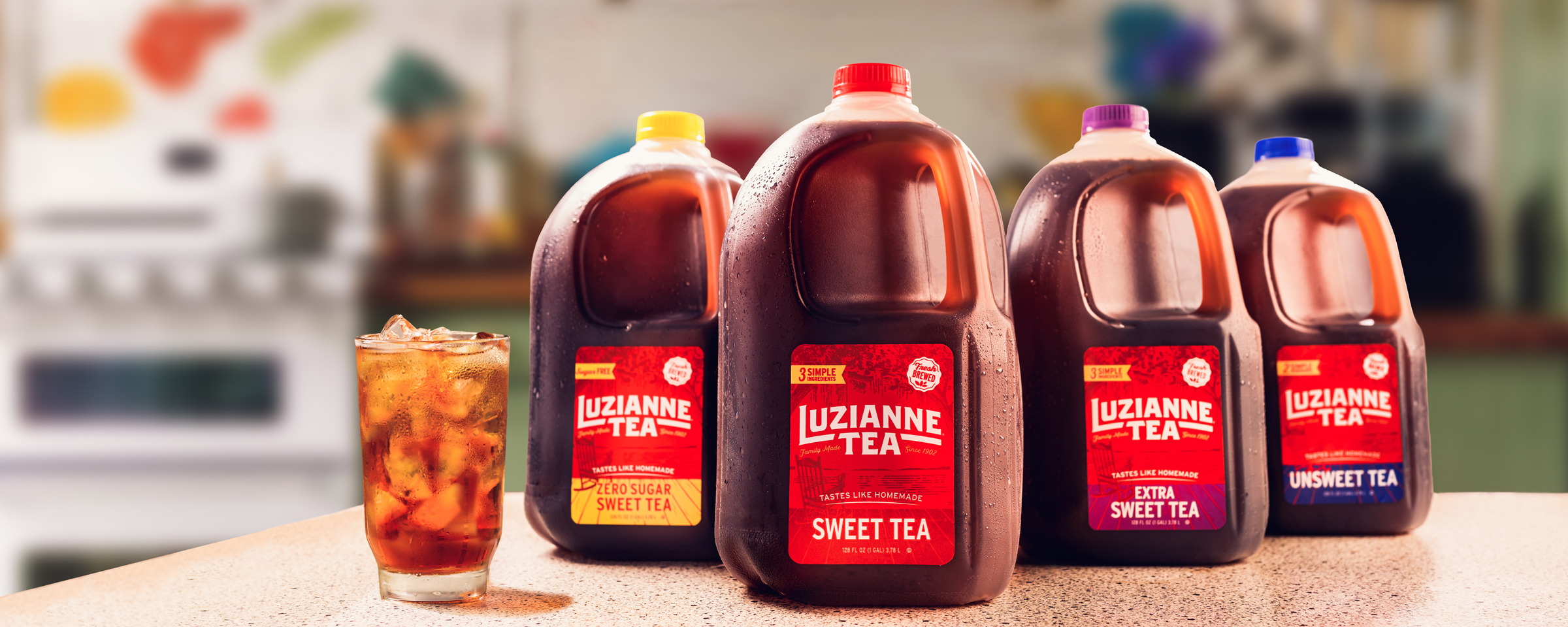Luzianne Tea Gallon product family on a kitchen counter